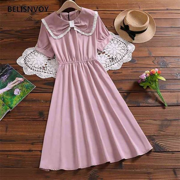 

women ulzzang sweet dress bow peter pan collar preppy style girls dresses high waist chic pleated summer lovely lady sundress 210520, Black;gray