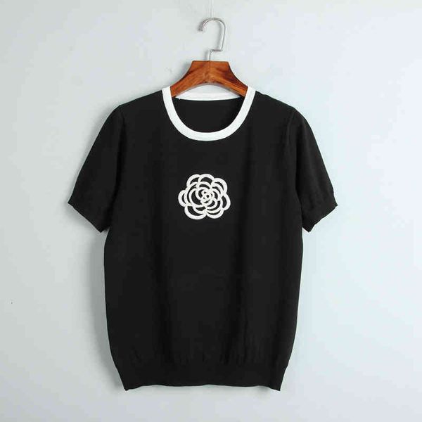 

women's hoodies sweatshirts t camellia flower nail bead paste cloth ice silk knitwear new short sleeved female 2022 summer round neck n, Black