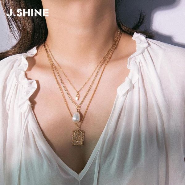 

jshine trendy multi layered choker necklace statement collar imitation pearls square rose flower pendant chain necklaces women, Silver