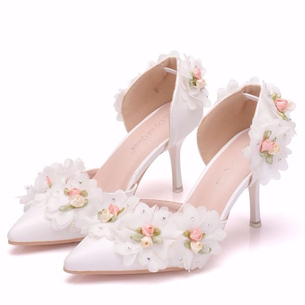 Acquista 2021 Scarpe Da Sposa Con Fiori In Pizzo Bianco Scarpe Da Sposa Sandali Da Donna Con Tacco Alto 7 Cm Pompe Da Cerimonia Per Adulti Poco Profonde