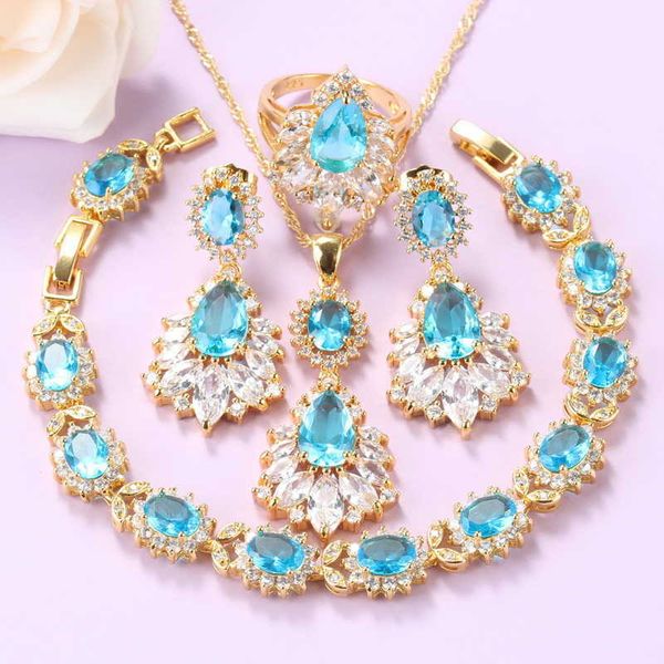 

turkey big jewelry sets gold-color sky blue cubic zirconia fashion women accessories wedding-party gift h1022, Silver