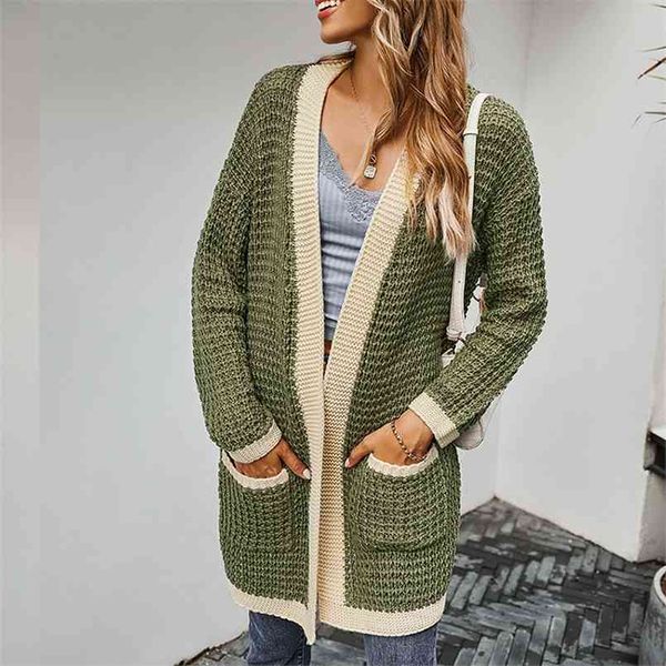 

vintage stitching knitted cardigan women's winter plus thick sweater color matching coat womens long cardigan 210508, White;black
