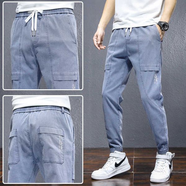 

men's jeans loose legged sports pants korean version capris tooling imitation jeans casual tether, Blue