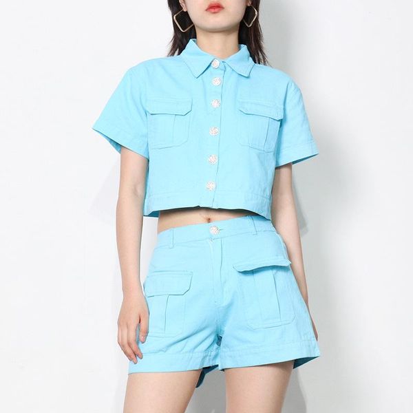 

women's tracksuits 2021 summer two piece single breasted lapel denim short sleeve + solid color tooling straight shorts suit, Gray