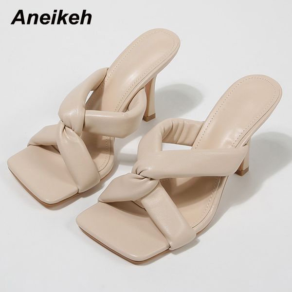 

pu women's summer ladies shoes peep toe stiletto heels slippers fashion riband slides concise party solid 210507, Black