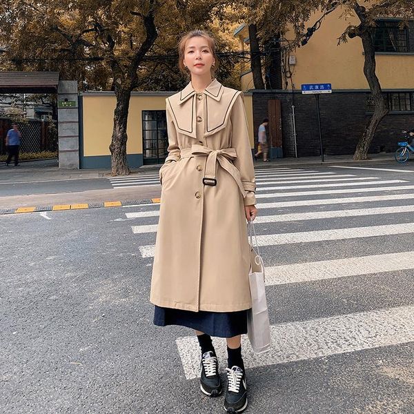 

women's trench coats khaki windbreaker long spring autumn korean loose navy collar ladies coat fashion thin section cape female, Tan;black