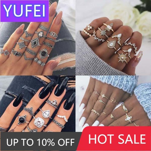 

wedding rings vintage boho finger set moon lotus snake crystal midi kunckle ring for women party jewelry accessories, Slivery;golden
