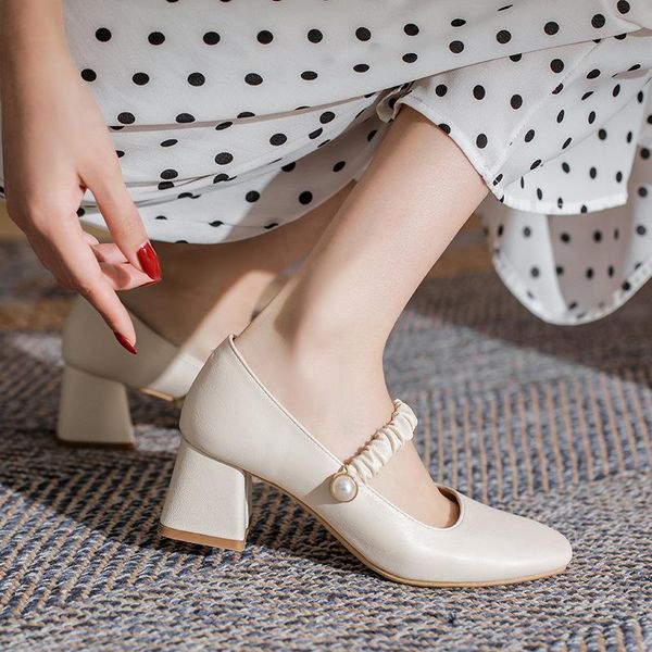 

dress shoes comfortable chunky heel mary jane work foorwear women's leather square toe student high heels ladies pumps plus size, Black