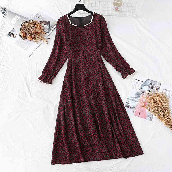 

dresses chiffon women spring vintage korean fashion floral sleeve casual high waist ruffled long vestidos, Black;gray