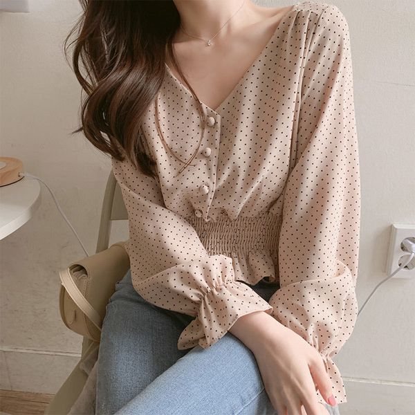 

women's blouses & shirts women shirt vintage v-neck flare sleeve polka dot elegant front buttons slim waist ruffles summer female, White