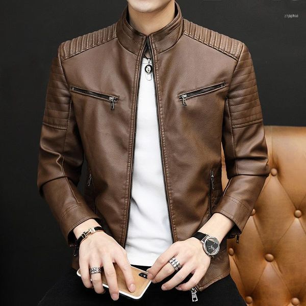 

men style chest two zipper wrinkle leather coat youth trend stand collar slim fit fashion cuff jacket1, Black