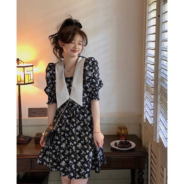 

light french mature style bubble sleeve baby collar floral drs zixia 2021 women's summer black, Black;gray