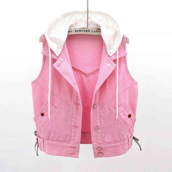 

jackets pink white hooded vest spring summer women sleeveless denim vests korean fashion strings waistcoa jc234, Black;brown
