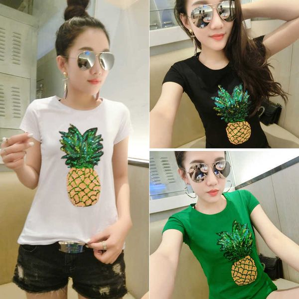 

w2021 summer new t-shirt women's short sleeve slim sequin t-shirt thin fashion bottom t-shirt, White