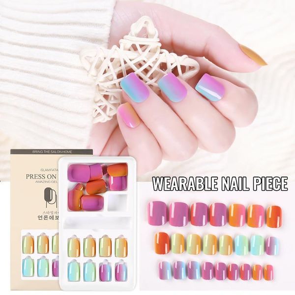

false nails 24pcs sets detachable wearable manicure nail pieces aurora butterfly patch art chip extensions accessories, Red;gold