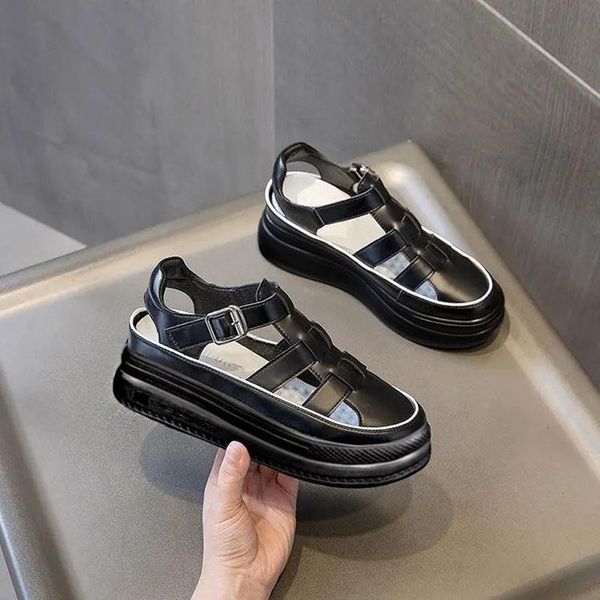 

sandals rome baotou 2021 women's shoes increased thick-soled casual summer hollow sponge cake board big explosion, Black