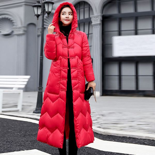 

national-style winter jacket thin x-long vintage hoodie women quilted outwear parkas d268, Black