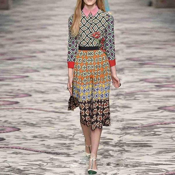 

casual dresses fashion designer 2021 autumn dress runway women vintage printed long sleeve single breasted slim elegant party, Black;gray