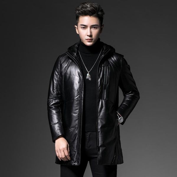 

men's leather & faux 100% genuine sheepskin jackets male fashion hooded white duck down jacket clothing casaco masculino inverno gmm605, Black