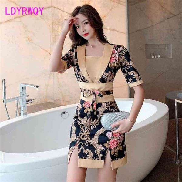 

ldyrwqy summer lapel matching color slim fashion retro tro print dress office lady polyester 210603, Black;gray