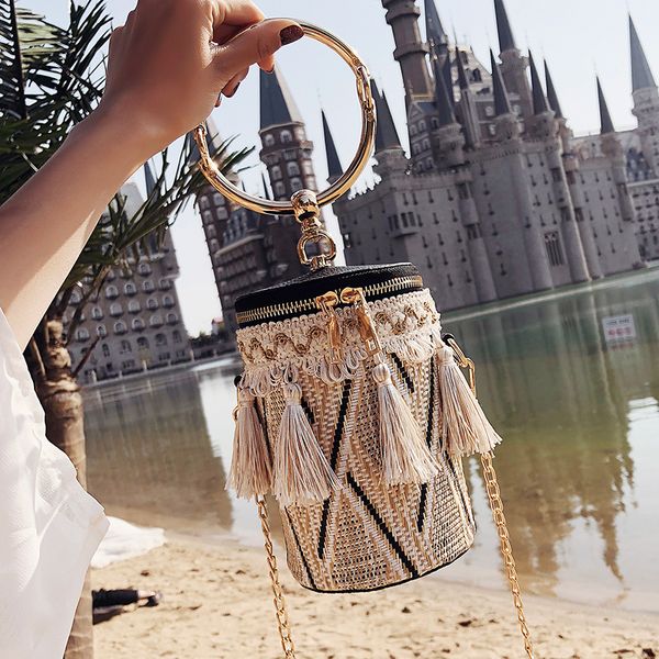 

fashion new handbag straw women bag round tote hand metal ring tassel chain shoulder travel bags