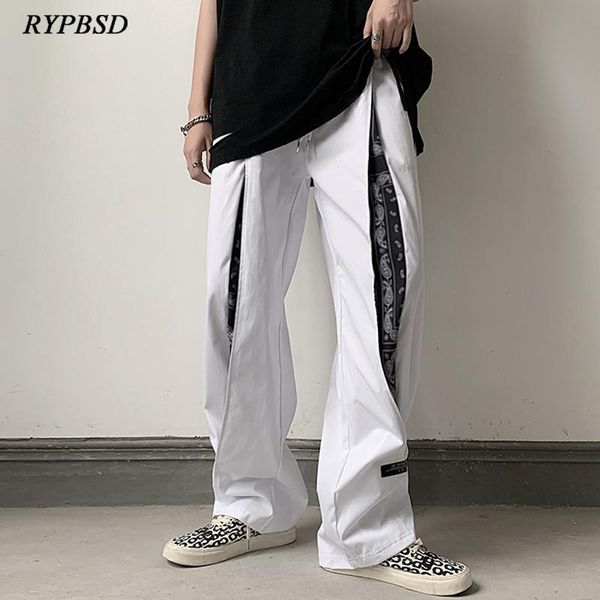 

men's pants high street fashion men korean harajuku style baggy bandana cashew patchwork casual straight wide leg hip hop trousers, Black