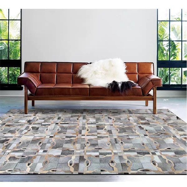 

american style gray geometric cowhide skin fur patchwork rug natural carpet for living room decoration villa carpets