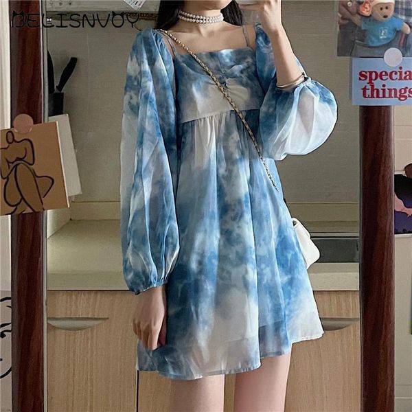 

casual dresses backless chiffon dress summer slip lantern sleeve mini off shoulder beach sundress women blue tie dye fairy, Black;gray