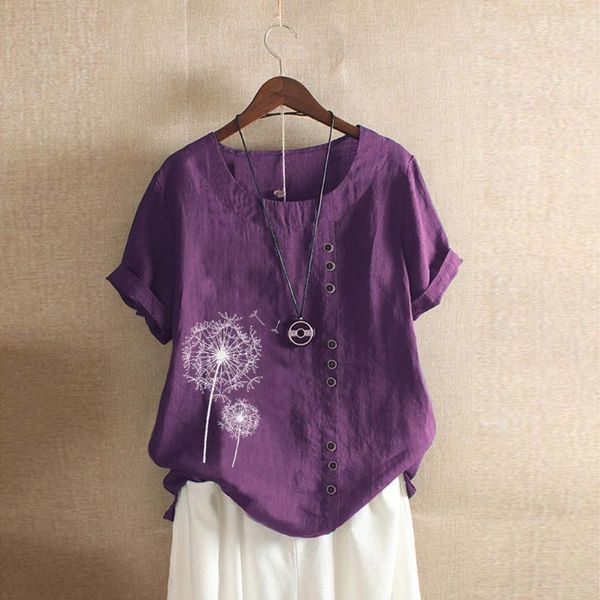

women's blouses & shirts linen print blouse casual button loose female women rolled short sleeve vintage boho tanic shirt blusa #t1g, White