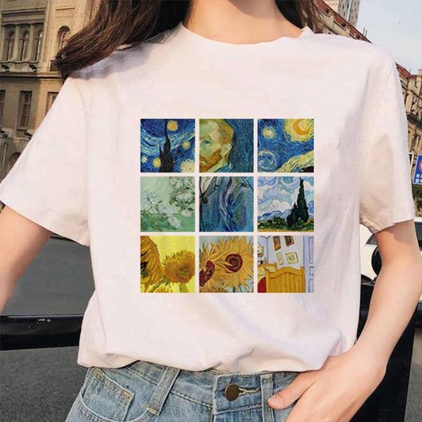 

and women aesthetic van mens t shirt gogh womens art painting lattice print cute casual short sleeve female summer, White;black