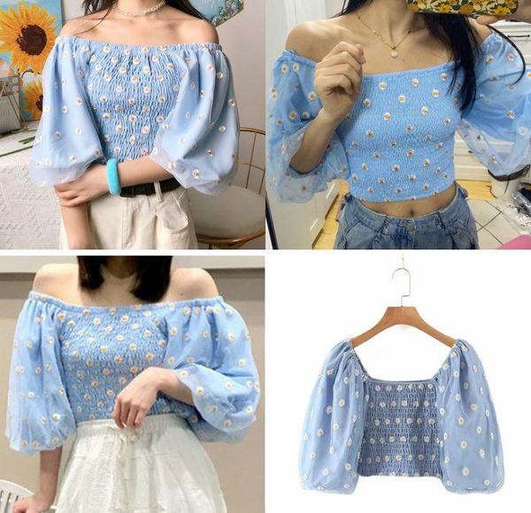 

women's blouses & shirts hcbless summer square collar lantern sleeve mesh yarn splicing daisy embroidery light blue shirt top, White