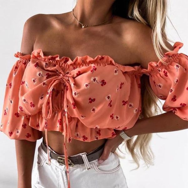 

women's blouses & shirts 2121 women strapless slim crop fashion gorgeous floral print blouse shirt casual slash neck ruffle drawstr, White