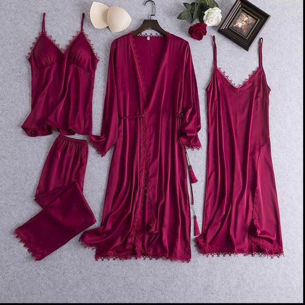 

pajamas 4 pcs pajams set women sleepwear satin silk home clothes summer female thin long sleeve pyjamas suit, Black;red