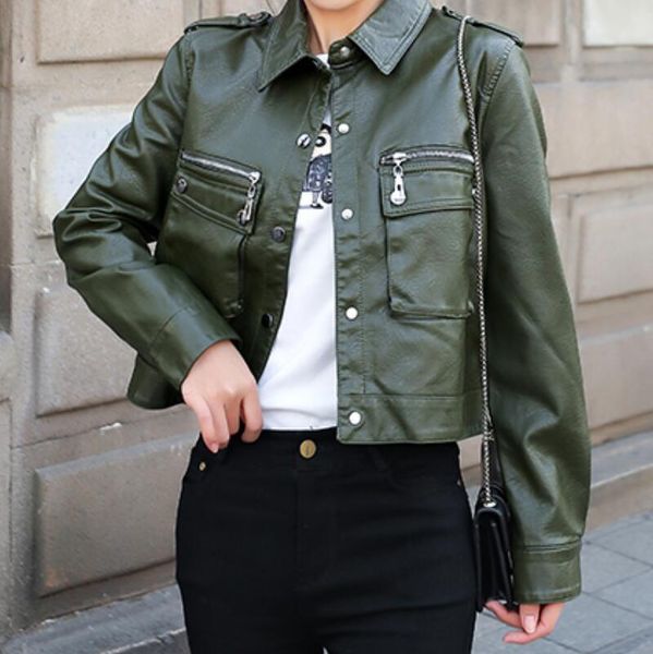 

women's fur & faux spring women fashion personalized custom large size loose locomotive lapel pu short coat l--4xl, Black