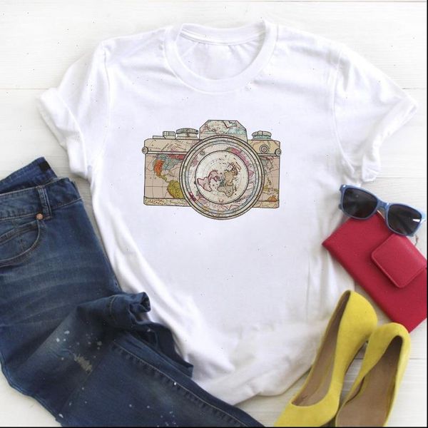 

women camera vintage world printed short sleeve ladies summer t tee female shirt clothes womens graphic, White