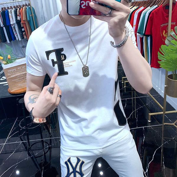 

men's 2021 fashion spring and summer trend stretch slim t-shirt fashion round neck white short sleeve t-shirt, White;black