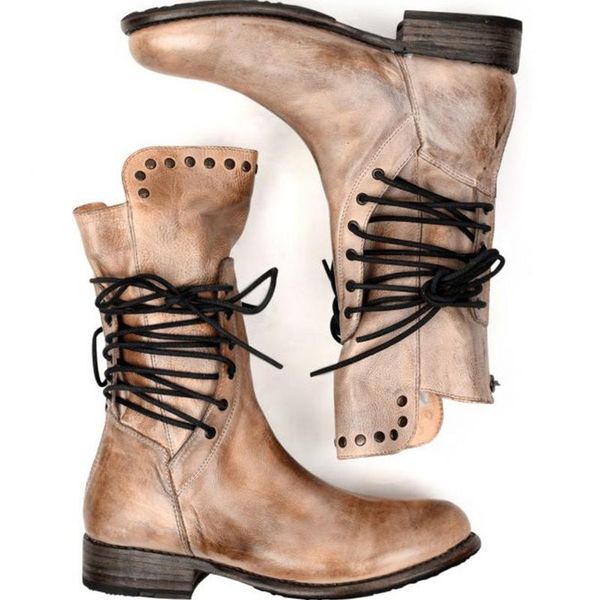 

boots 2021 women's shoes retro female leather rivet block lace up motorcycle low heel mid calf femmes bottes plus size, Black