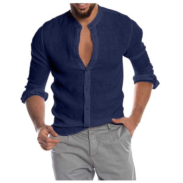 

men's casual shirts fashion solid colors cotton linen breathable long sleeve shirt loose stand collar blouse camisa masculina#g3, White;black