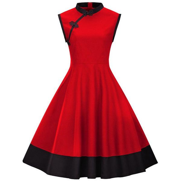 

vintage chinese style disc buckle a line big swing dress red black elegant 2021 stand neck evening short dresses casual, Black;gray