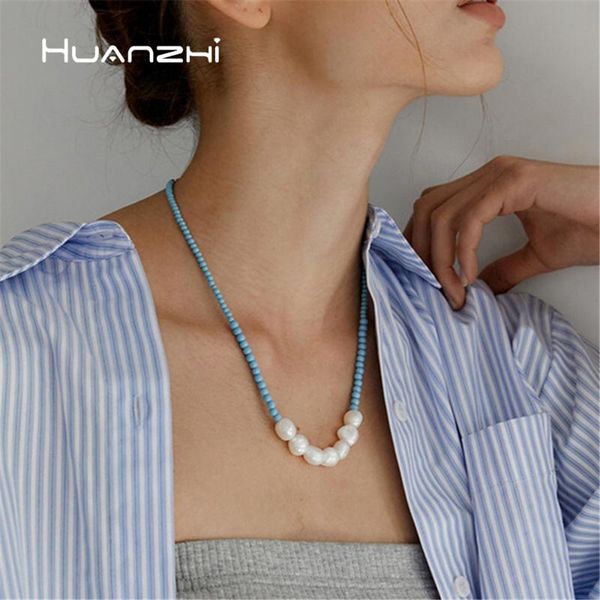

chains huanzhi 2021 baroque pearl necklace blue rice beads butterfly pendant vintage clavicle chain for women girls party jewelry, Silver
