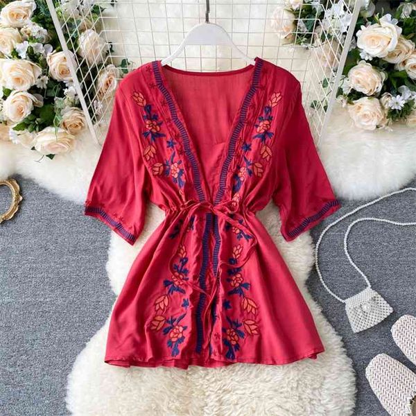 

summer women's shirt ethnic style square neck lace embroidered retro waist slimming holiday female t-shirt ll060 210506, White