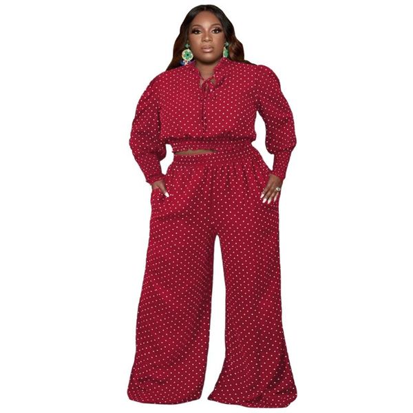 

plus size tracksuits fall winter long sleeve two piece set women outfit polka dot print + wide leg pants vintage elegant matching sets