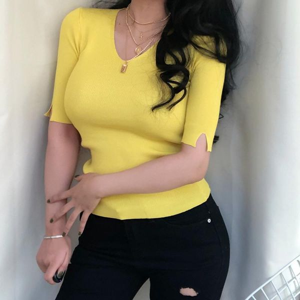 

women's sweaters high elasticity women v-neck knited pullover sweater half sleeve fashion solid jumper female 2021 spring autumn slim t, White;black