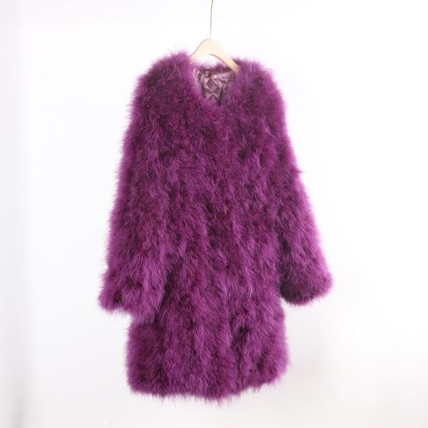 

leather customized autumn winter women fashion ostrich feather jackets o-neck long real coats plus size puffy turkey fur a164, Black