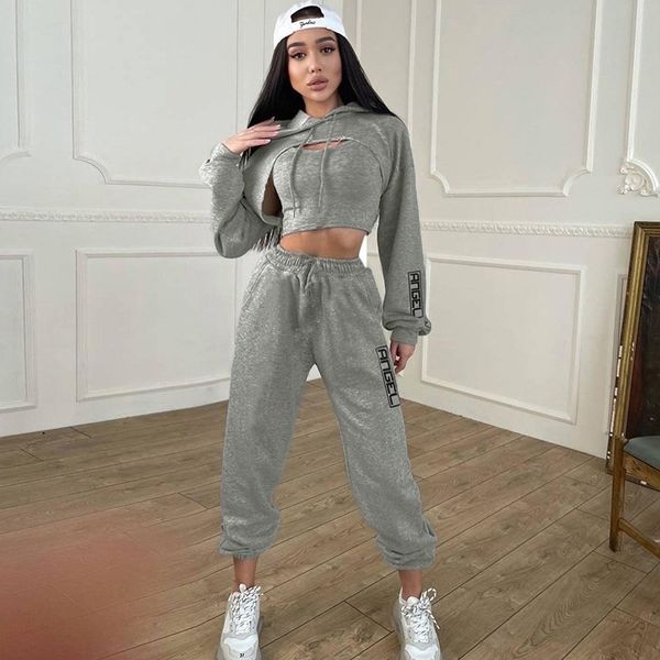 

yj21080 new fashion three piece printed hoodie vest leggings set, Gray