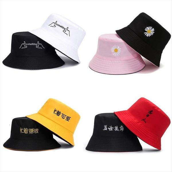 

bucket hats women letter embroidered double sided fisherman hat korean style solid climbing outdoor sunscreen daisy, Blue;gray