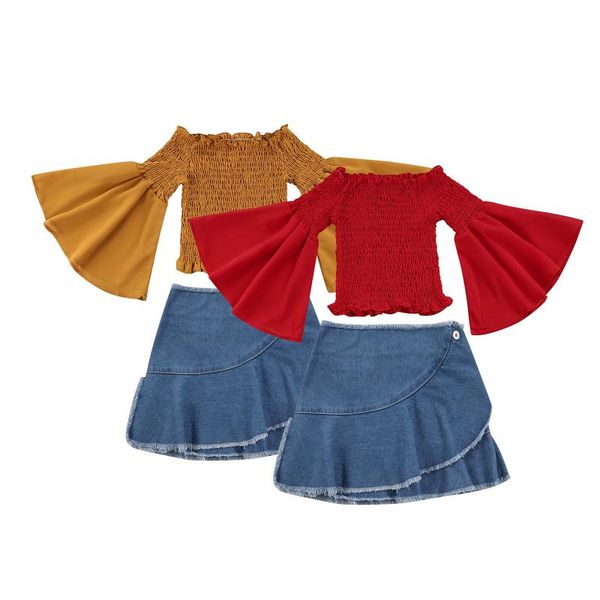 

clothing sets girls clothes set kids suit children solid flare sleeve off shoulder skirts fashion, White