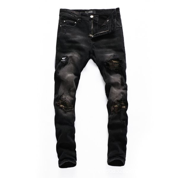 

fashion jeans high street men's with holes black grey camouflage pasted cloth micro elastic hip hop slim fitting, Blue