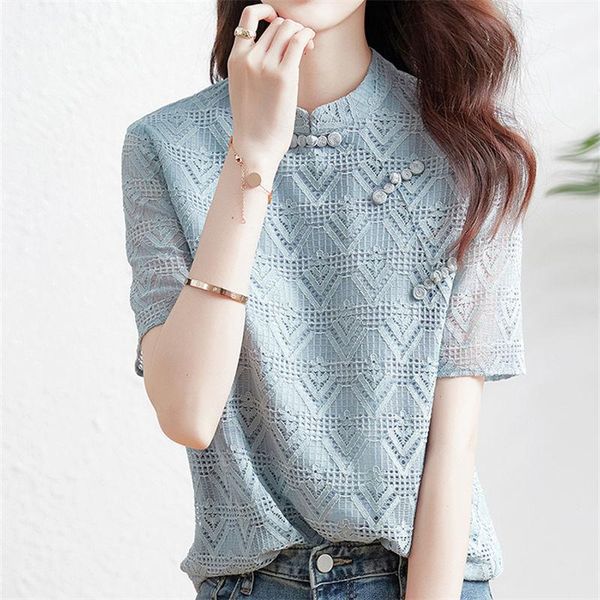 

women's blouses & shirts short-sleeved shirt women 2021 summer fashion loose round neck hollow western style casual lace, White