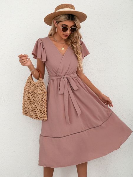 

butterfly sleeve surplice neck guipure lace insert belted dress k80d#, Black;gray